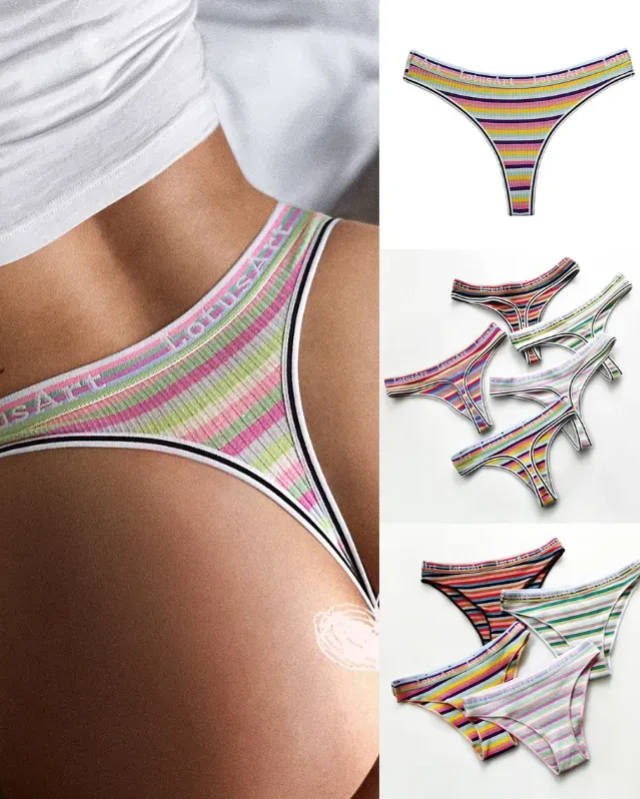 Female Letter Print Rainbow Stripe T-back Panties