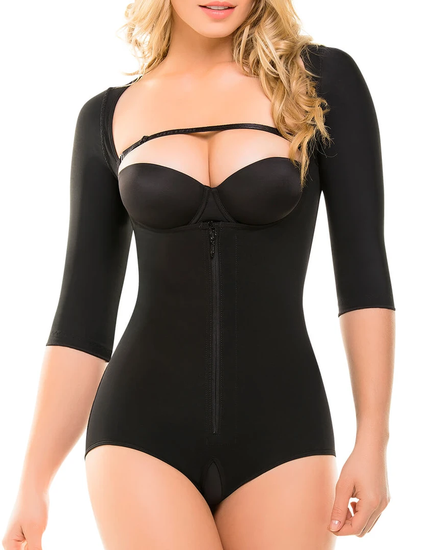 Half-Sleeves Butt Lifting Shaping Bodysuit With Zipper Open Crotch Com
