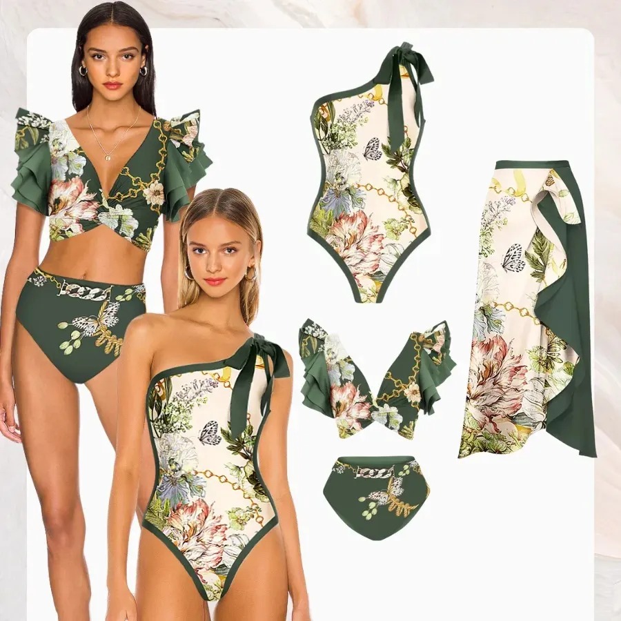 Ruffled Floral Print Bikini Swimsuit and Skirt