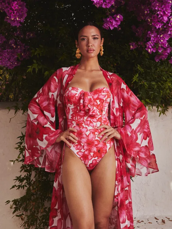 Beach Flower Print Swimsuit and Kimono