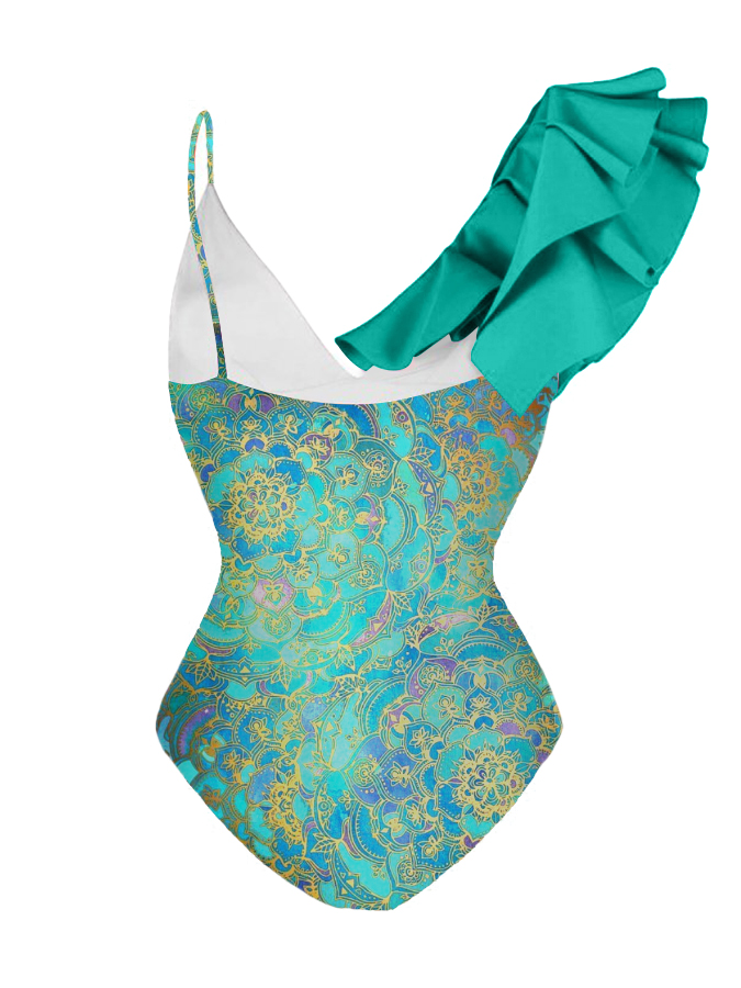 Vintage Print Ruffled V-neck One-piece Swimsuit and Cover-up