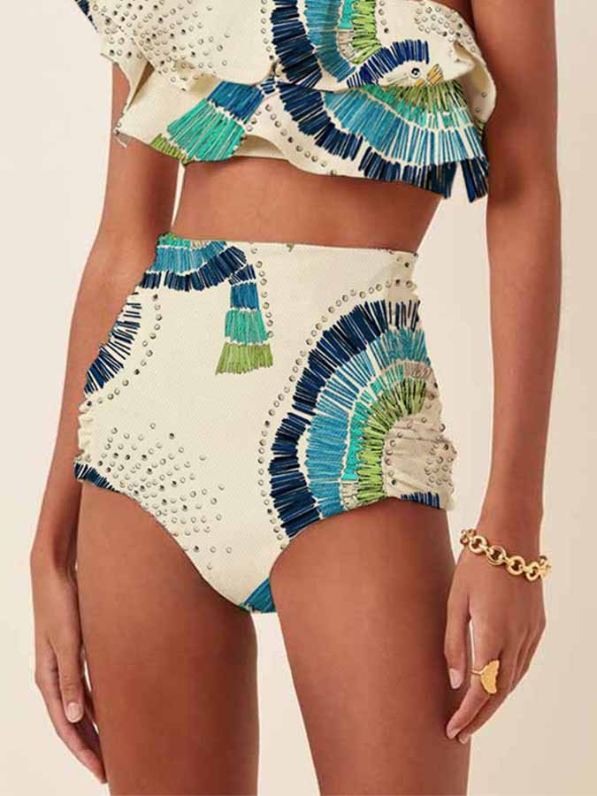 One-Shoulder Embroidered Printed Ruffled Swimsuit