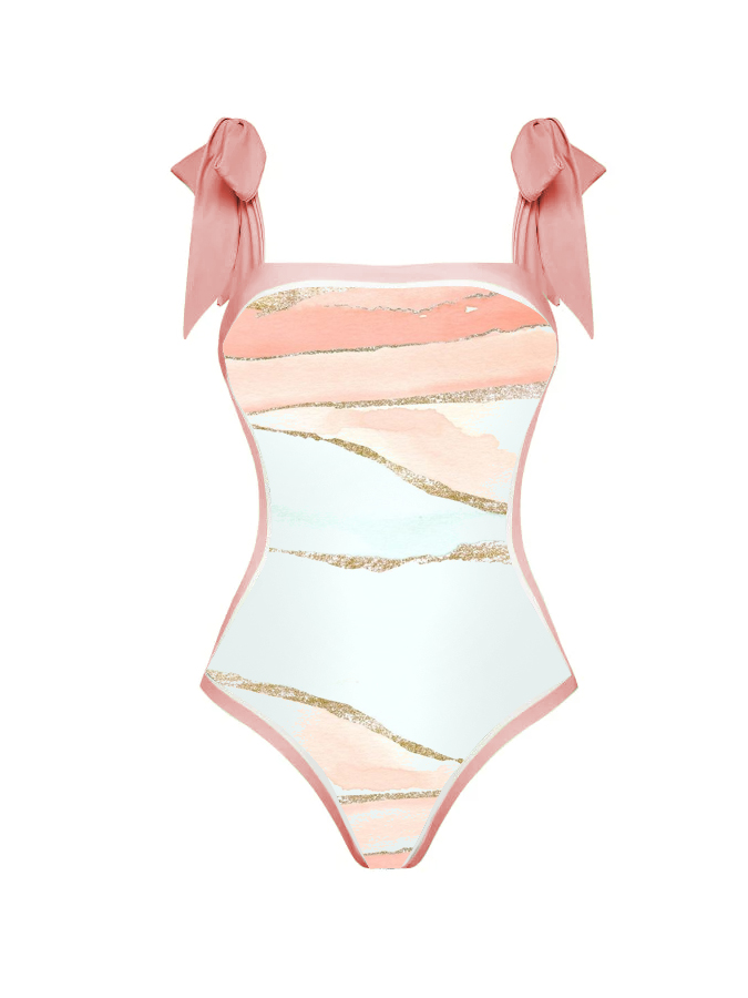 Color Block Print One Piece Swimsuit And Cover Up