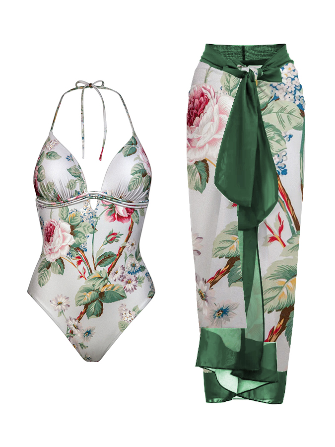 Rose Floral Print Halter One Piece Swimsuit And Cover up