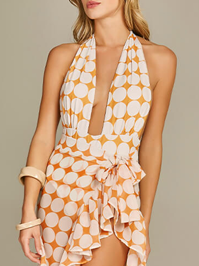 Deep V Print One Piece Swimsuit Set