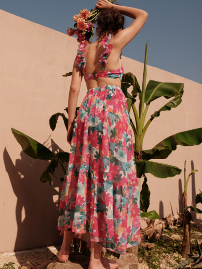 Lace Cutout Rose Red Floral One Piece Swimsuit And Skirt