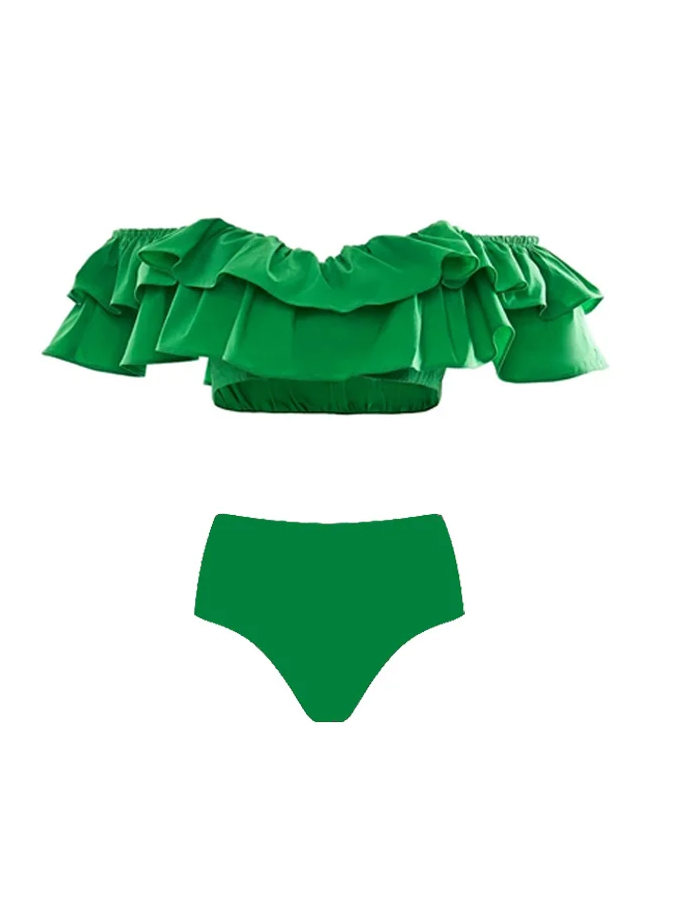 Off Shoulder Ruffle Solid Color Bikini and Beach Skirt