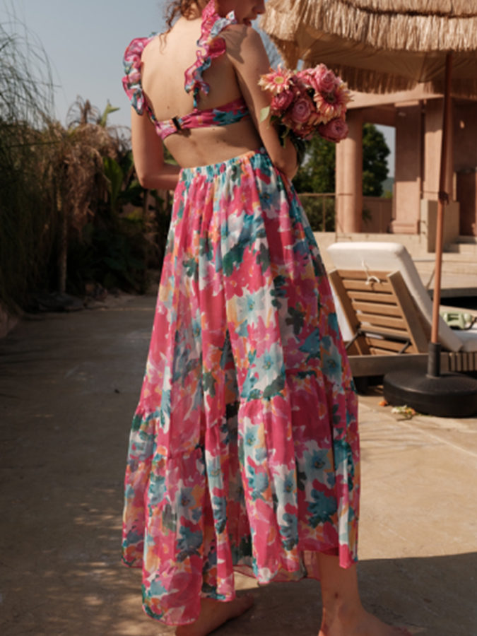 Lace Cutout Rose Red Floral One Piece Swimsuit And Skirt