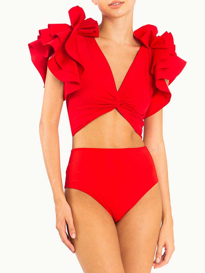 Solid Ruffle V-Neck Bikini