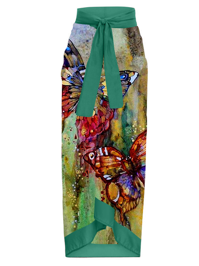 Vintage V-Neck Butterfly Print One-Piece Swimsuit Set