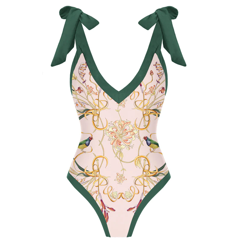 Printed One Piece Bowknot Tie-shoulder Swimsuit and Cover Up