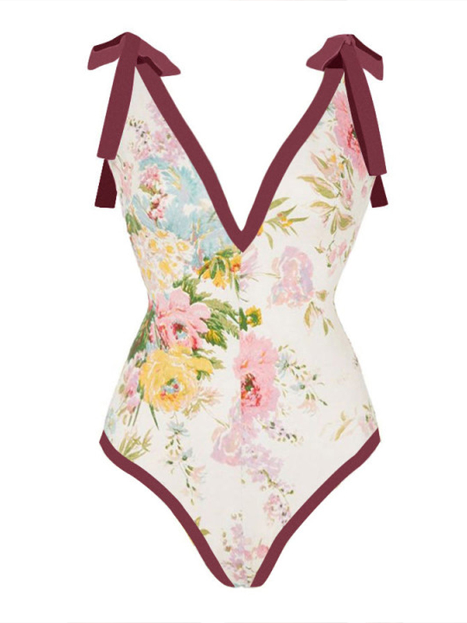 Deep V Ruffle Print Bikini Set