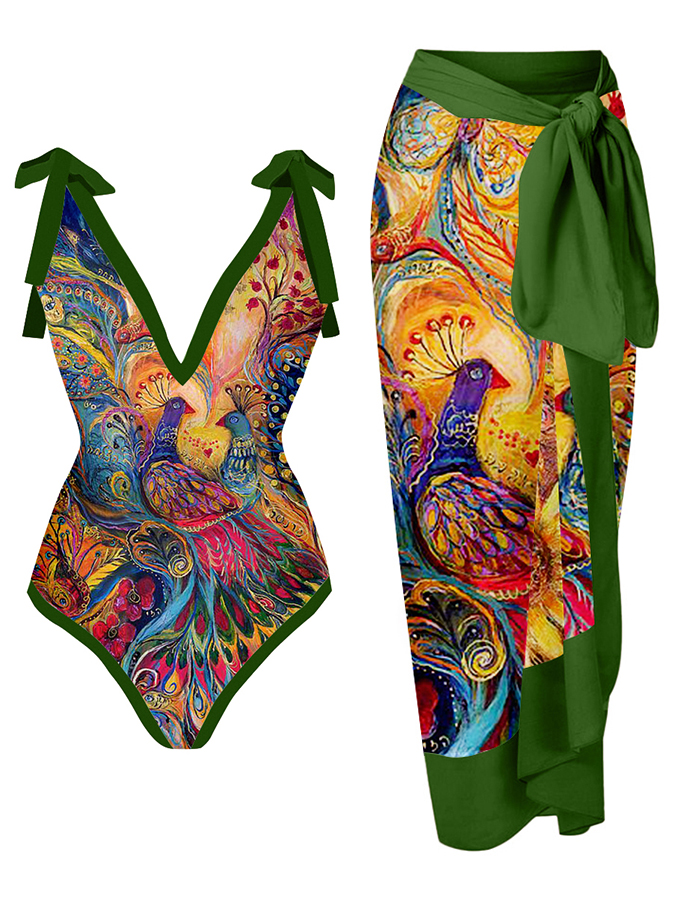 Deep V Vintage Abstract Print One-Piece Swimsuit Set