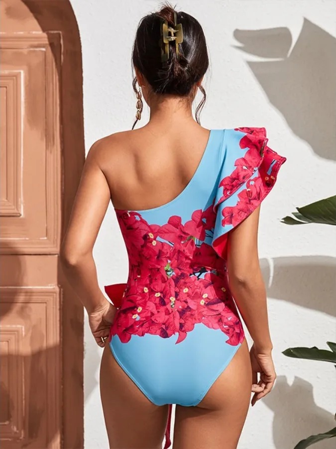 Fashion Floral Print Ruffle Colorblock One-Piece Swimsuit