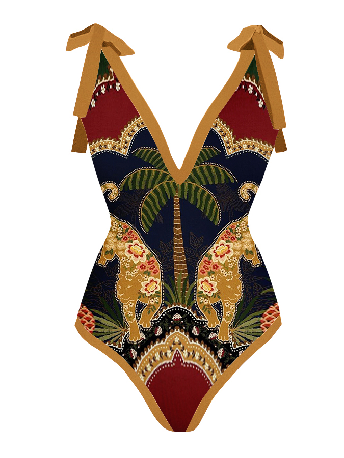 V-Neck Vintage Animal Print One-Piece Swimsuit Set