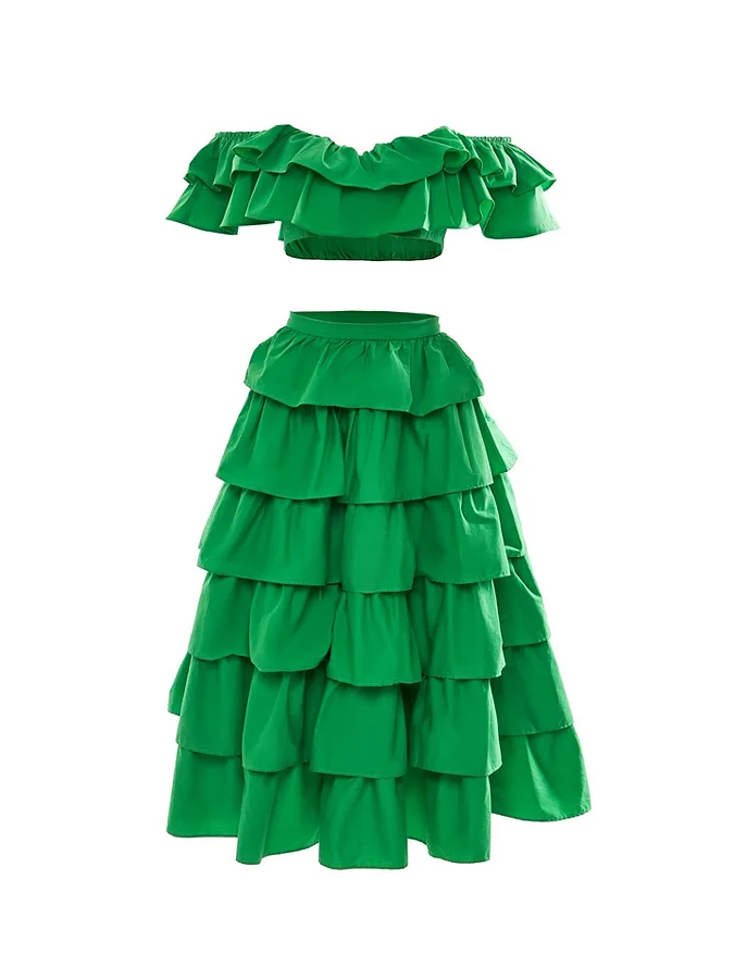 Off Shoulder Ruffle Solid Color Bikini and Beach Skirt