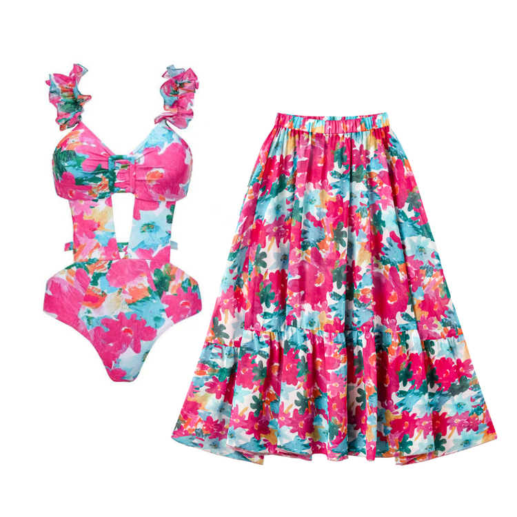 Lace Cutout Rose Red Floral One Piece Swimsuit And Skirt