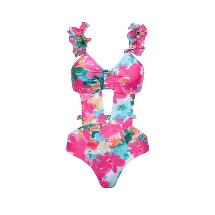 Lace Cutout Rose Red Floral One Piece Swimsuit And Skirt