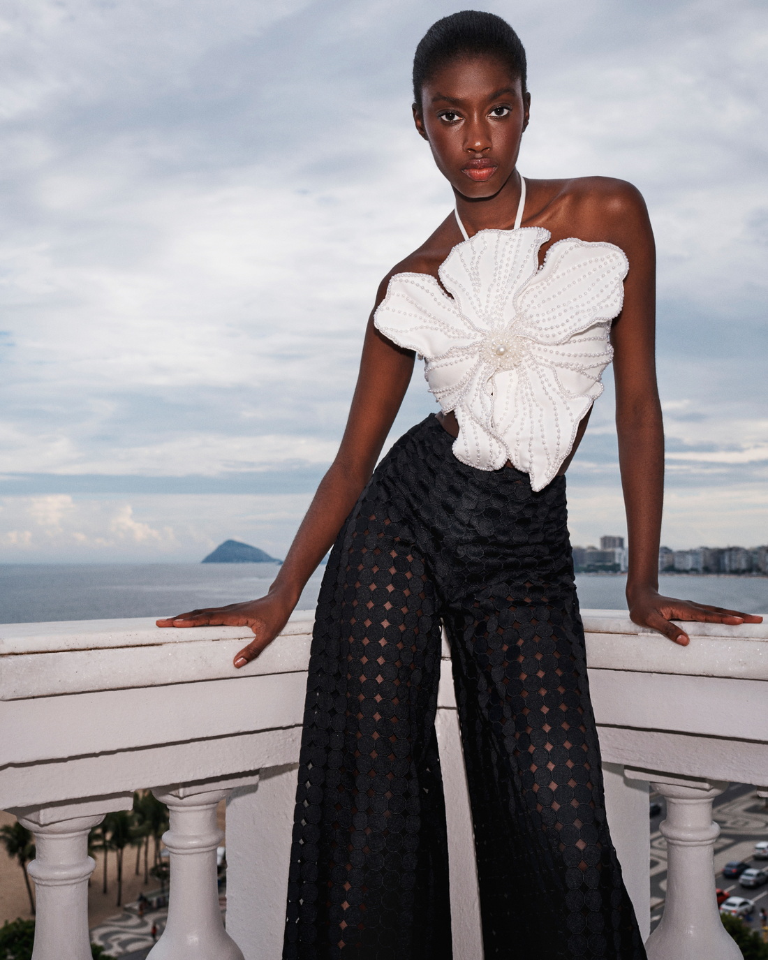 BEADED FLOWER TOP  AND  EYELET WIDE LEG PANT