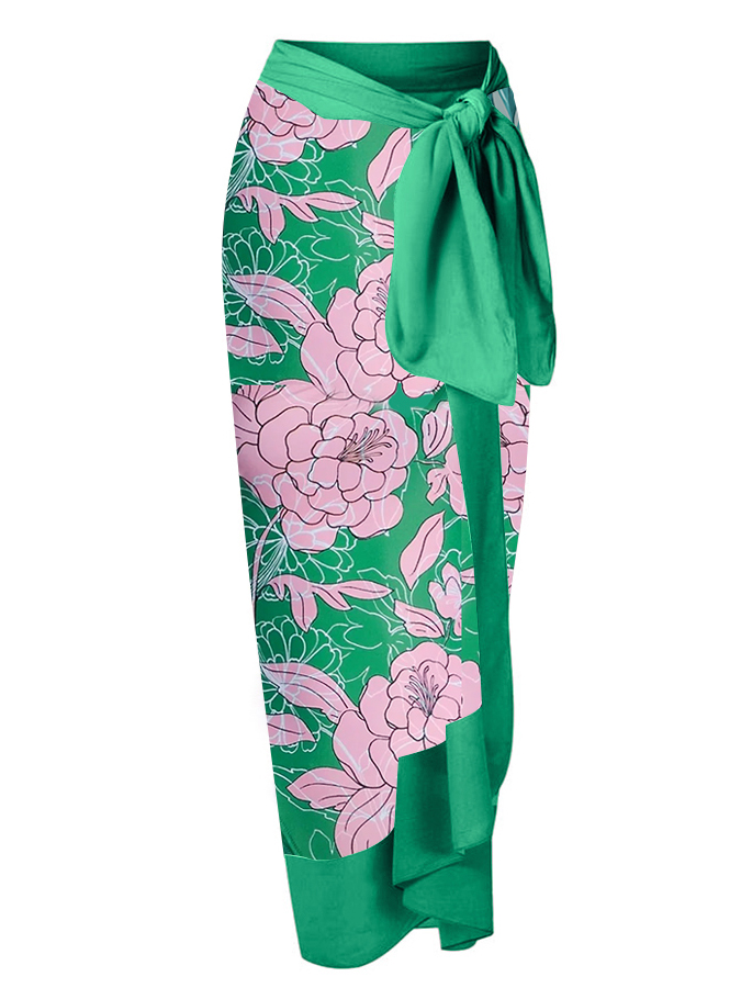 Fashion Colorblock Floral Print Beach Swimsuit Set