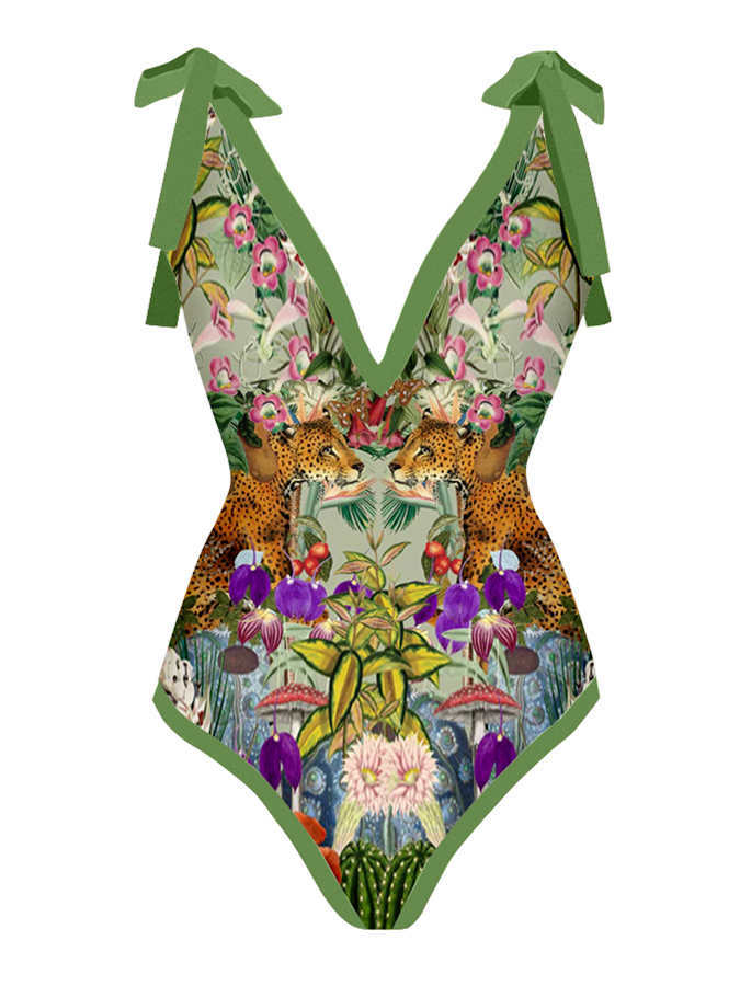 Vintage Deep V Print One Piece Swimsuit Set