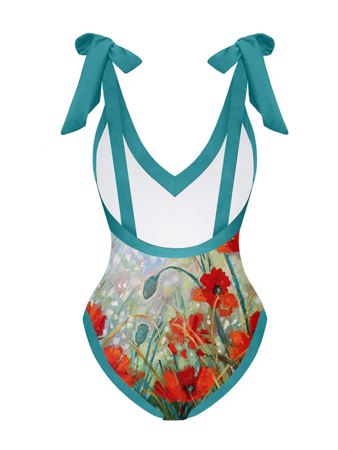 Deep V Vintage Flower Print One-Piece Swimsuit Set