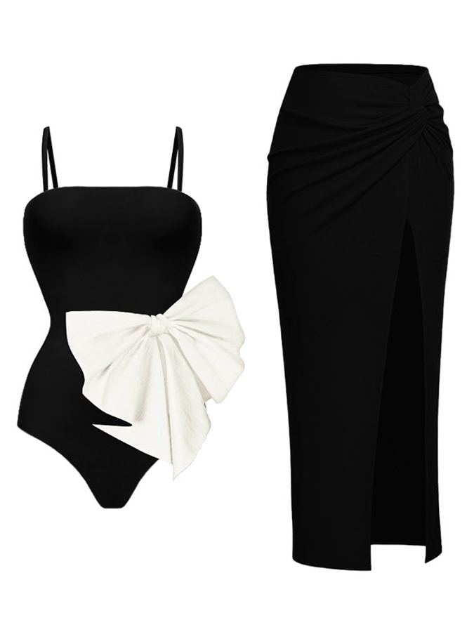 Fashion Solid Color Bow Beach One Piece Swimsuit