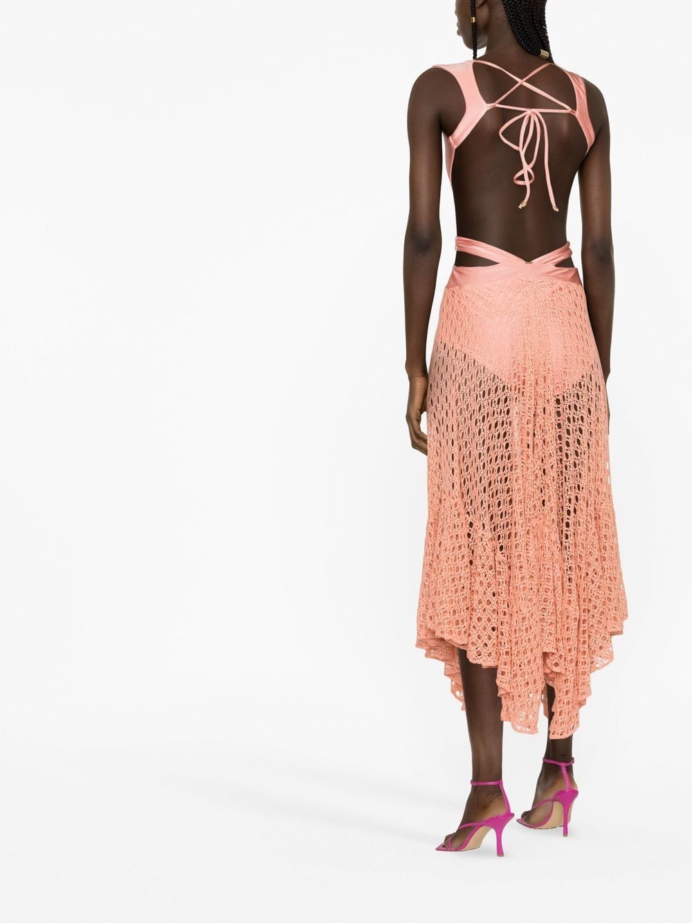 Belted crochet-trimmed swimsuit and beachwear