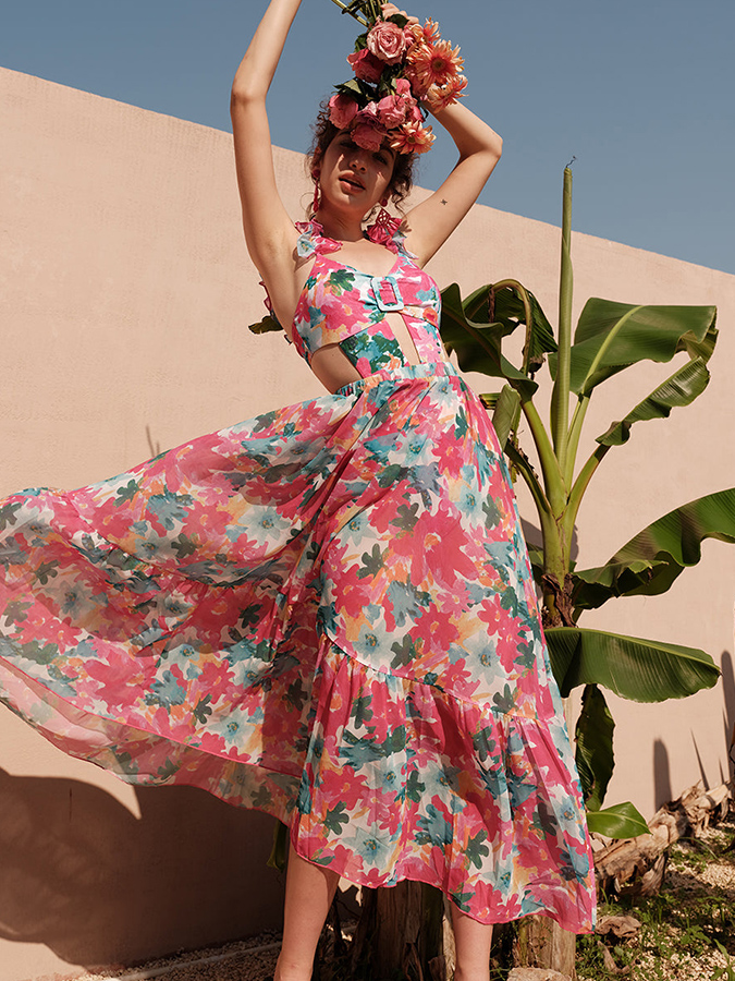 Lace Cutout Rose Red Floral One Piece Swimsuit And Skirt