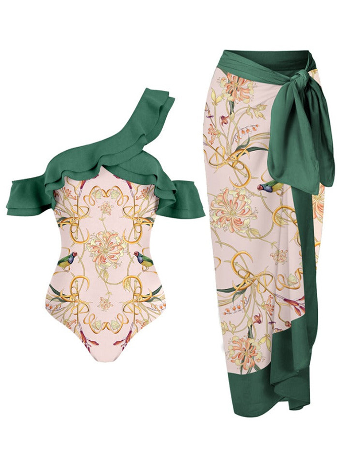Ruffled Colorblock Print Swimsuit Set