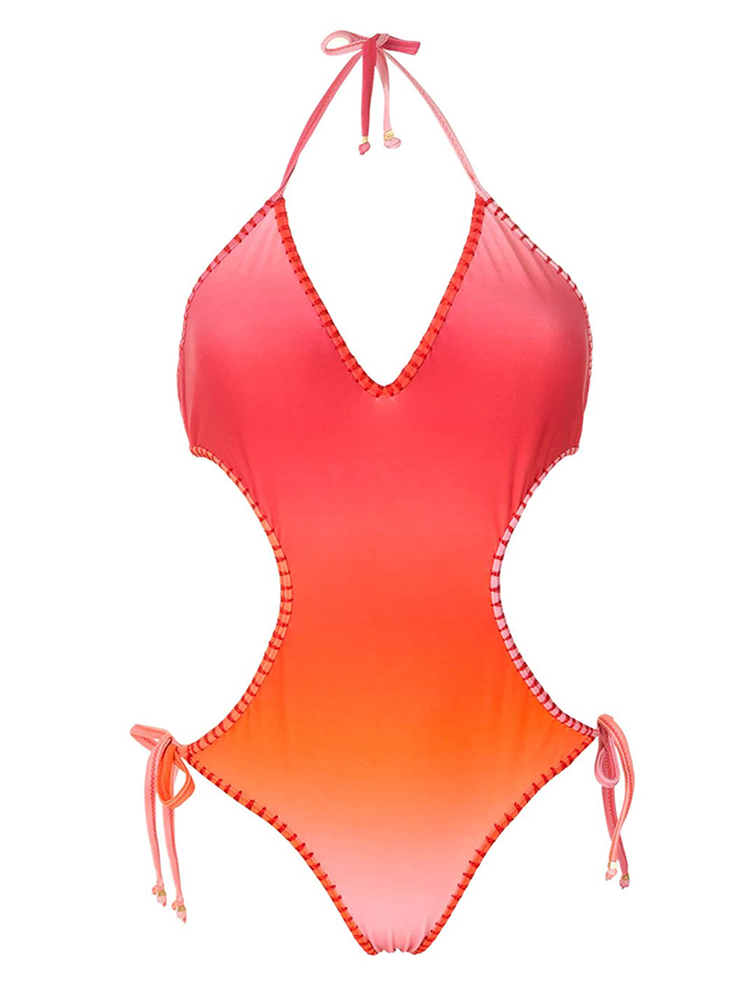 Fashion Colorblock Gradient Print Fringe One Piece Swimsuit Set