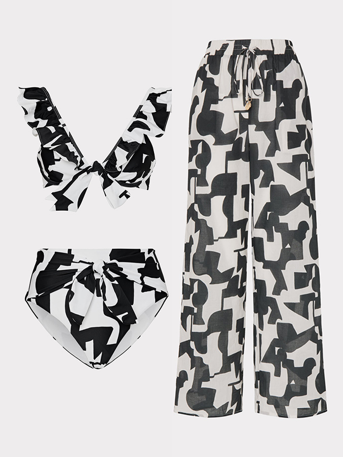 Black Irregular Print Lace-Up One-Piece Swimsuit