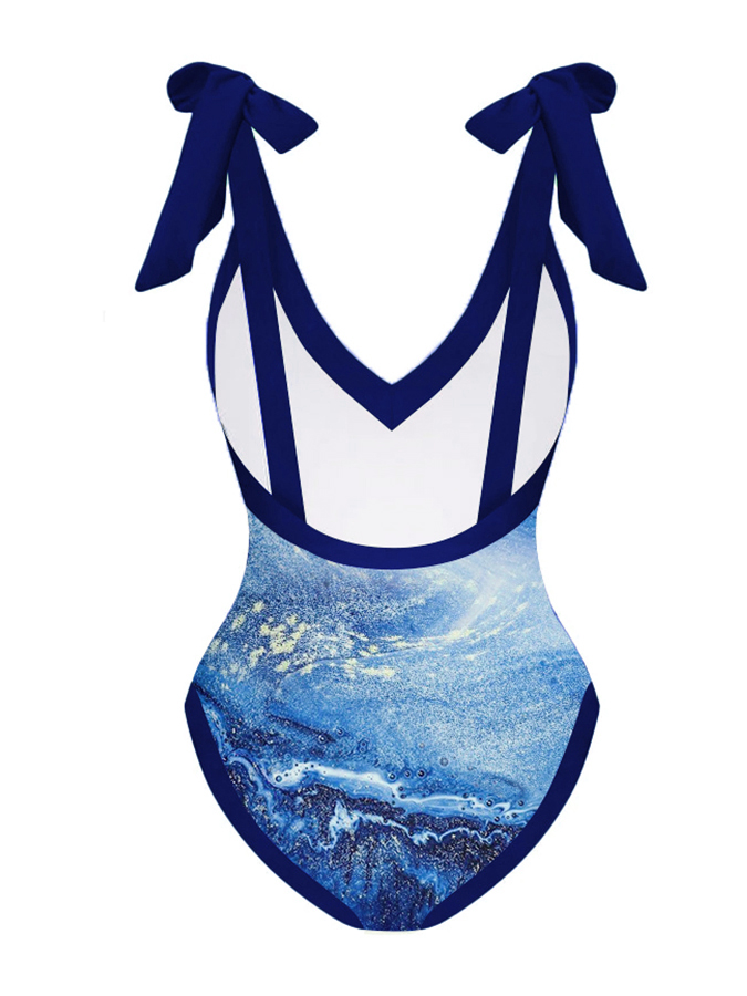 Vintage V-Neck Colorblock Print Beach One-Piece Swimsuit