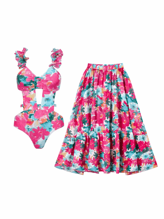 Lace Cutout Rose Red Floral One Piece Swimsuit And Skirt