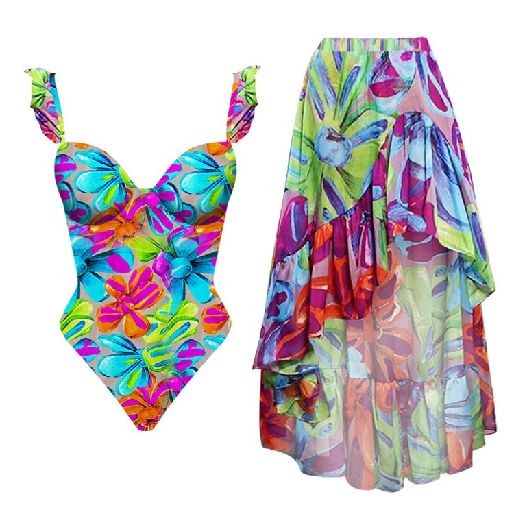 Fashion Printed One Piece Swimsuit And Beach Skirt