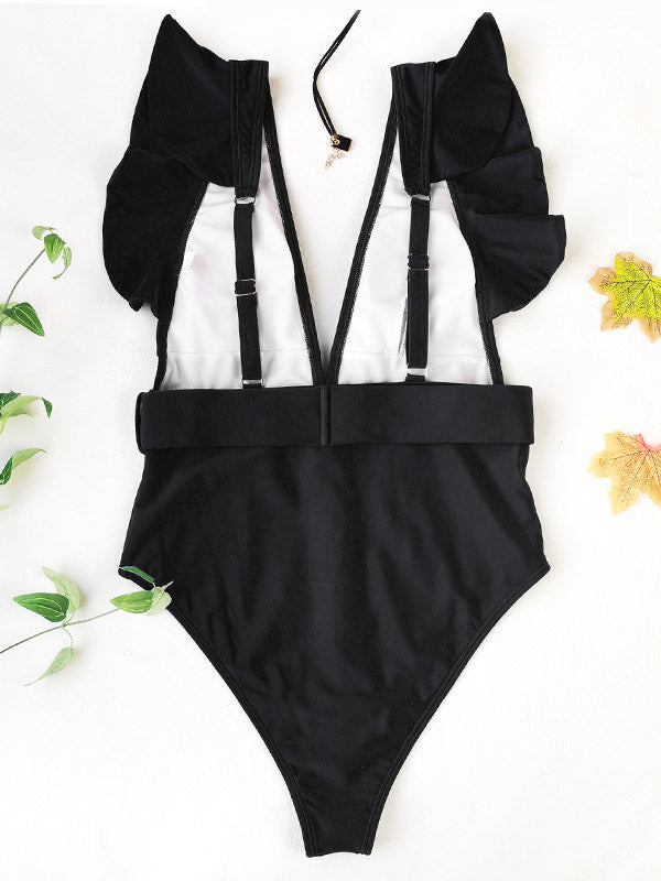 SOLID COLOR DEEP V-NECK FALBALA SEXY SWIMWEAR