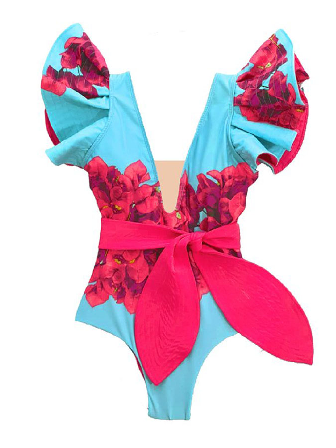 Fashion Floral Print Ruffle Colorblock One-Piece Swimsuit