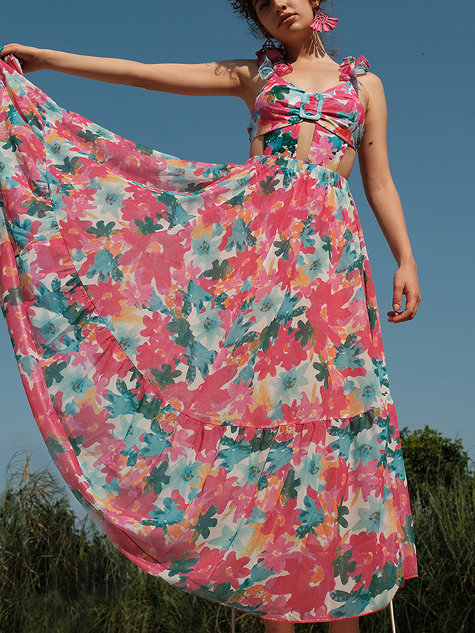 Lace Cutout Rose Red Floral One Piece Swimsuit And Skirt