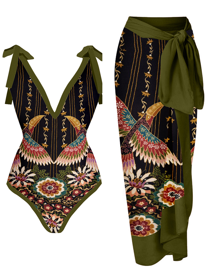 Vintage Abstract Colorblock Print One-Piece Swimsuit