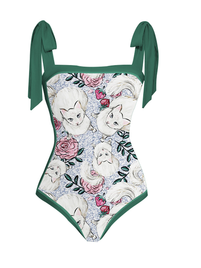 Cat Fashion Print Tie One Piece Swimsuit