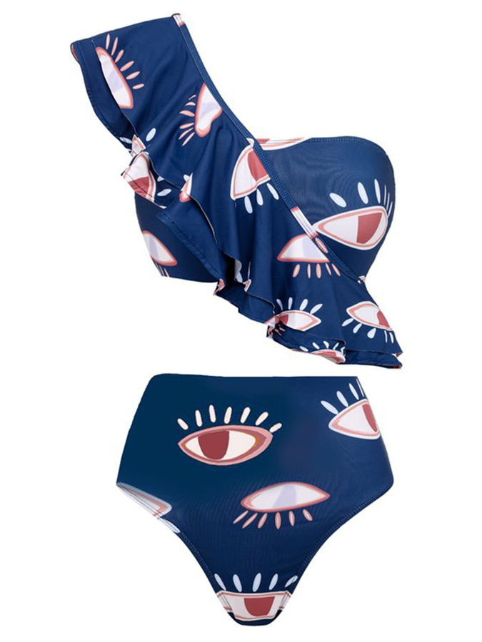 Fashion Eye Print Ruffle Beach Swimsuit