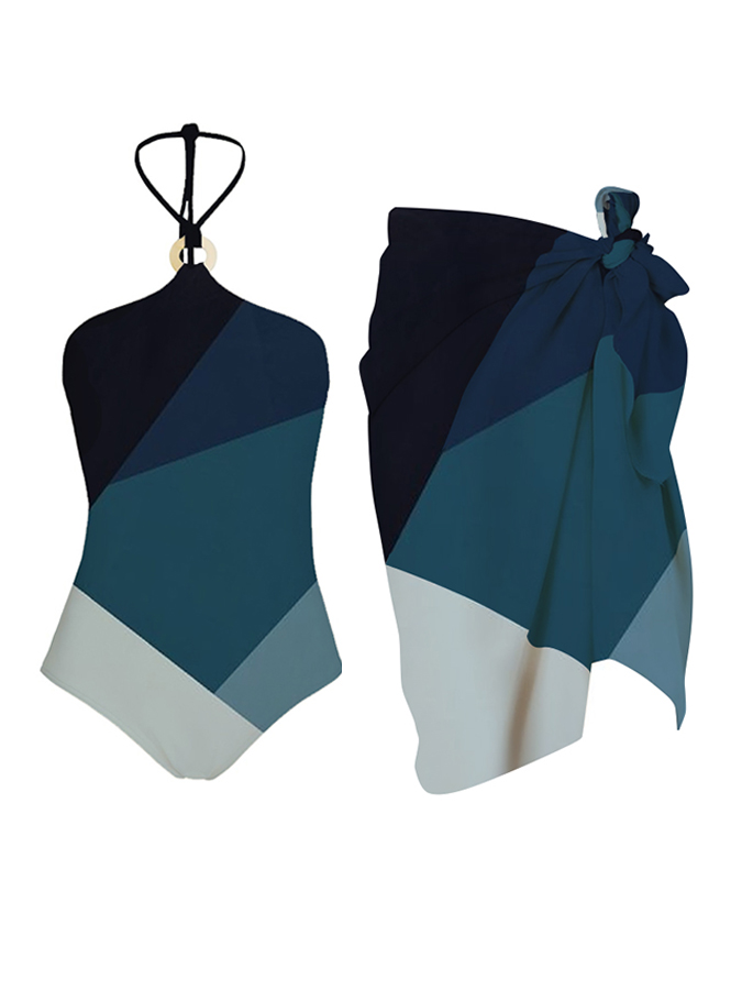 Color Block Halter One-Piece Swimsuit And Cover up