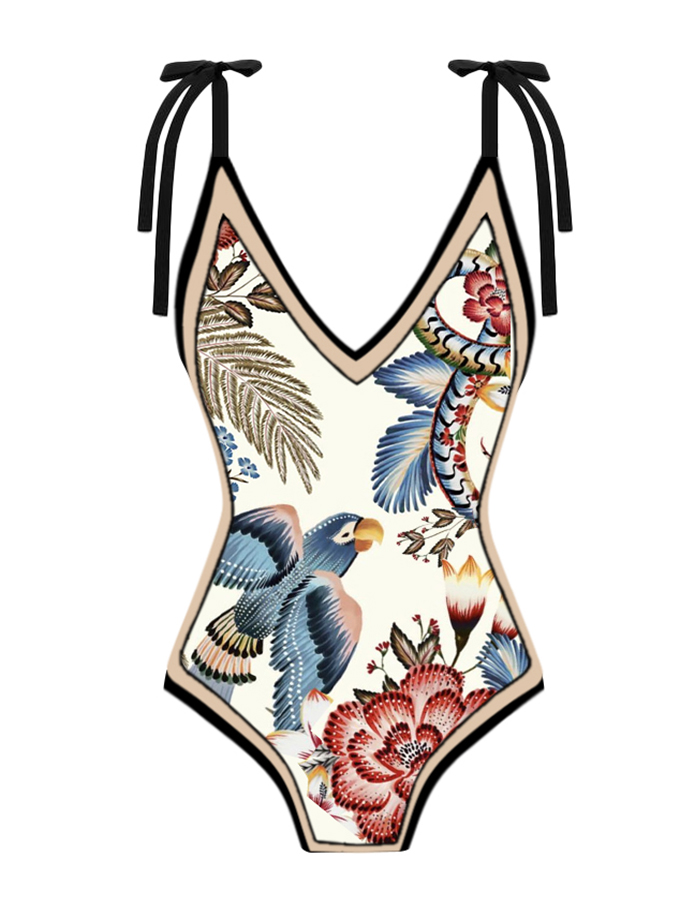 Vintage Colorblock Floral Print One-Piece Swimsuit Set
