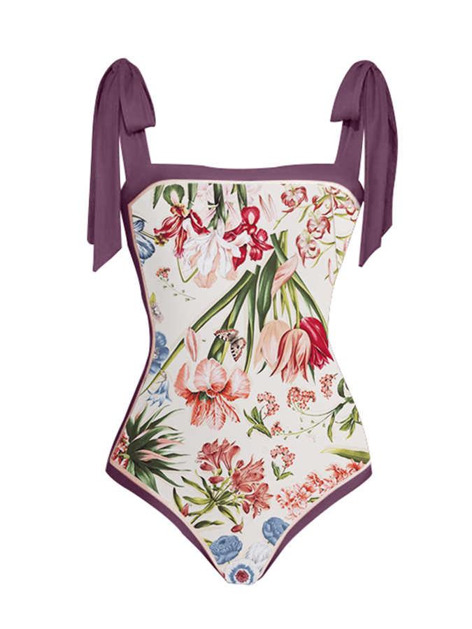 Vintage Floral Print Colorblock Swimsuit Set