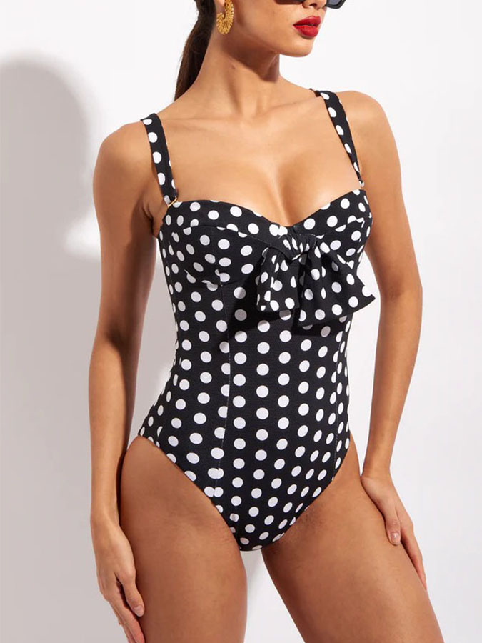 Polka-dot print one piece swimsuits and kimonos