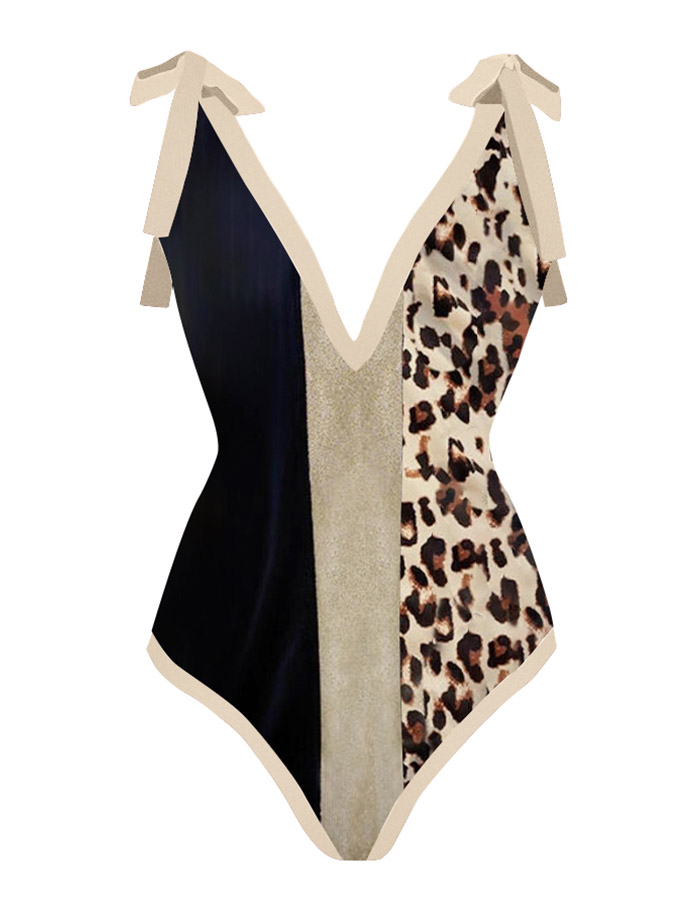 Vintage V-Neck Leopard Colorblock Print One-Piece Swimsuit
