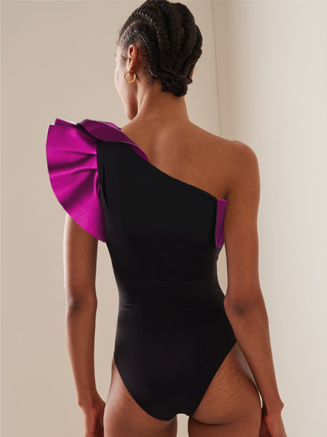 One Shoulder Ruffle Color Block One Piece Swimsuit and Cover Up