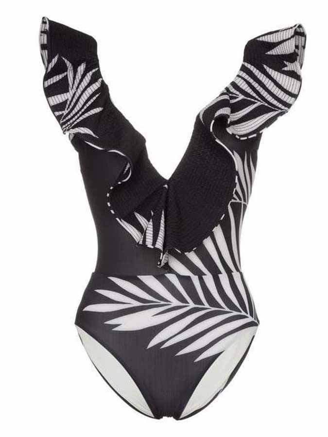 Deep V Print Ruffle One-Piece Swimsuit