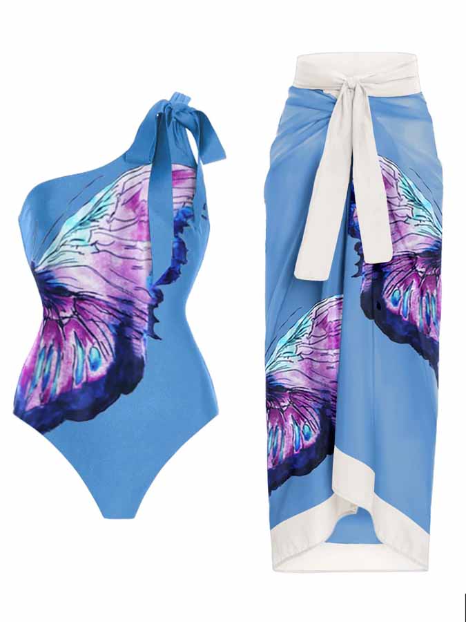 One-Shoulder Butterfly Print One-Piece Swimsuit and Cover-Up