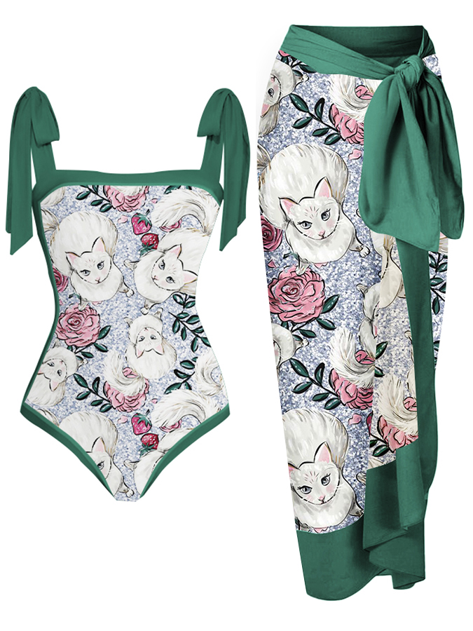 Cat Fashion Print Tie One Piece Swimsuit